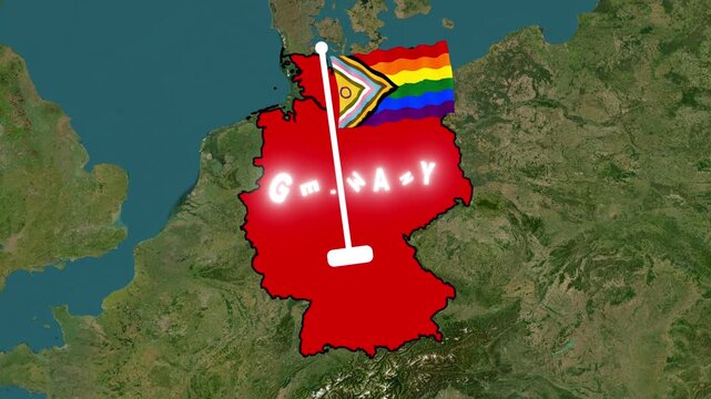 3D Satellite Map Zoom to Germany with Glowing Border and LGBTQ Progress Pride Flag