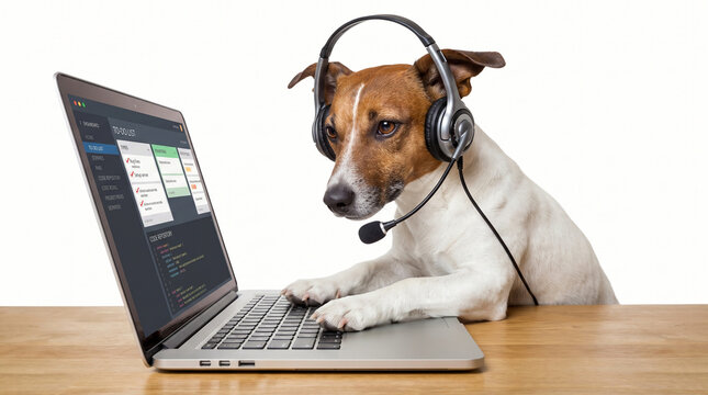 Brown and white dog wearing headset using laptop at wooden desk in humorous remote work scene