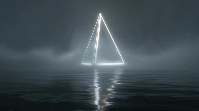 Futuristic Neon Triangle Reflecting on Water Surface