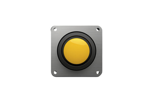 Yellow push button on a metal plate representing alert, hazard, control, and action mechanism