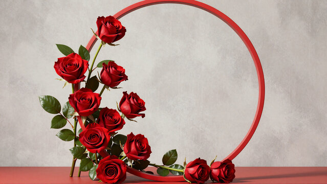 Elegant red roses bouquet with circular frame on grey background for romantic floral design