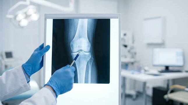 Doctor examining knee X-ray for arthritis diagnosis. Medical professional analyzing joint inflammation on radiology scan.