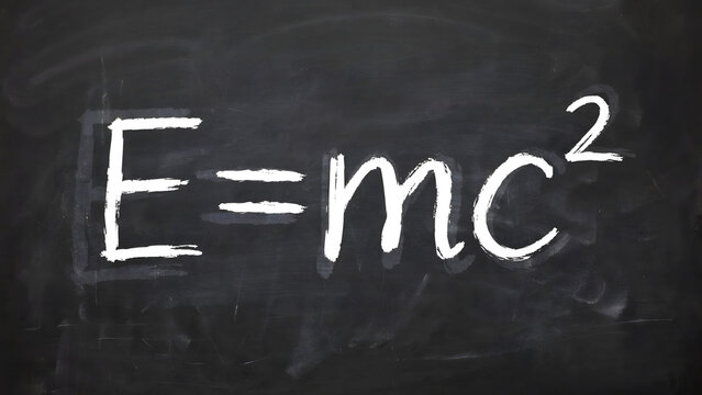 Famous mass energy equivalence formula written in white chalk on a black board