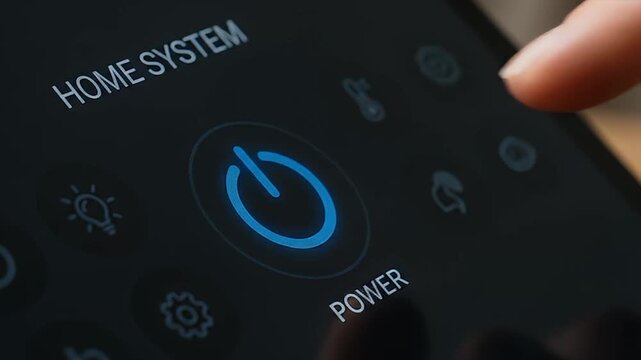 Smart home system control panel with illuminated power button and finger pressing technology interface for home automation energy management and convenience activation