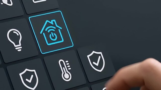 Smart home control button on keyboard with finger pressing technology for home automation security system digital interface managing lighting and temperature system
