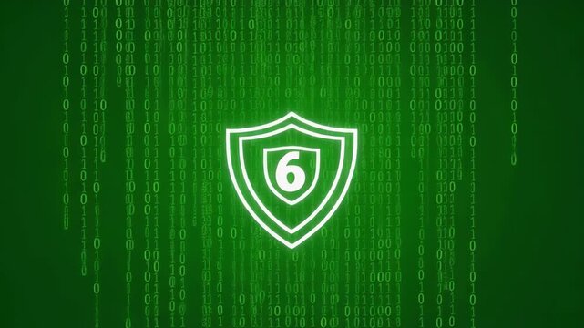 Green shield emblem with number 6 inside on a digital matrix background with subtle glow and motion