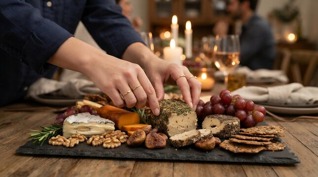 Gourmet vegan cheese board being arranged by food stylist. Artisanal plant-based charcuterie platter prepared for fine dining photography.