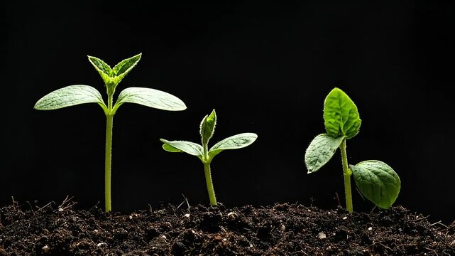 Three small green seedlings grow from dark soil against a black background