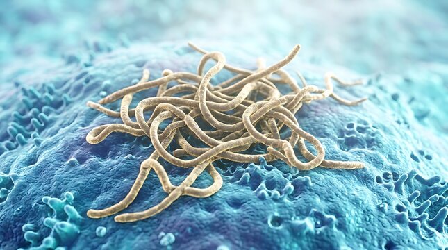 Parasitic worms on human tissue. Microscopic view of dangerous helminth infection.