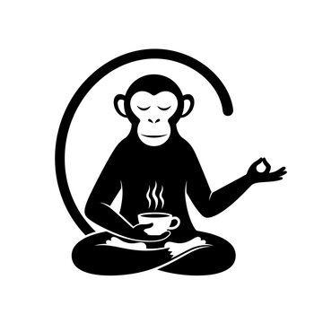 Illustration of a monkey in a meditative pose holding a steaming cup