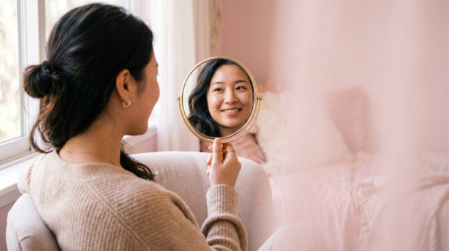 Young Asian woman holding a small golden mirror looking at her own smiling reflection while sitting in a soft light bedroom with pastel pink decor
