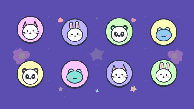Cute Animal Avatars - Panda, Cat, Rabbit, and Frog Icons on Purple Background.
