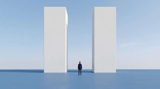 A Solitary Figure Between Grand Pillars: A lone individual stands dwarfed between two immense, minimalist white pillars under a clear blue sky, evoking a sense of scale, contemplation.