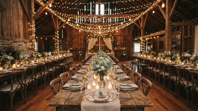 Wedding reception banquet table inside a rustic wooden barn decorated with string lights and elegant floral centerpieces for a festive celebration during a summer evening