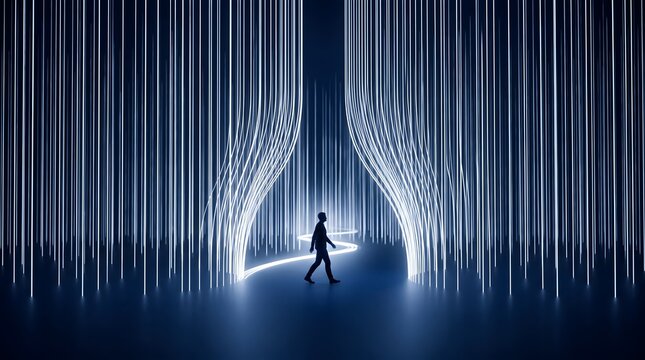 Digital Journey: A solitary figure walks along a luminous path, framed by an ethereal spectacle of cascading light streaks, symbolizing progress and the digital frontier.