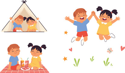 Happy Kids Outdoor Activities Vector Set with Cute Children Jumping, Playing in Teepee Tent, and Having a Picnic on Summer Vacation DesignsKeywords © Ismail
