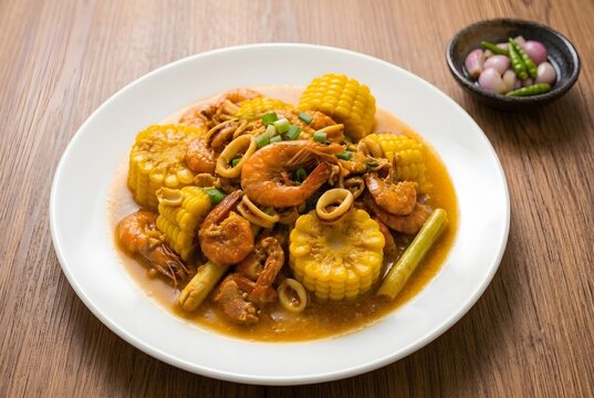 Stir-fried shrimp and squid in Padang sauce with corn pieces.
