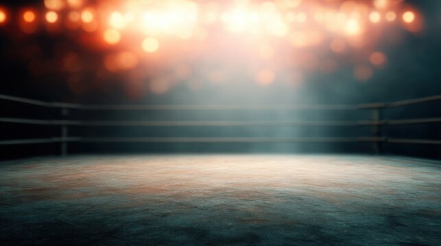 Boxing ring with bright lights and empty space for training or competition