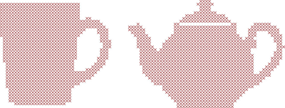 Cross stitch pattern of a mug and a teapot isolated
