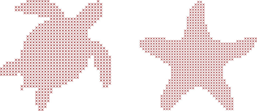 Cross stitch sea turtle and starfish pattern isolated on white background
