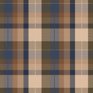Mens Shirt Plaid Seamless Pattern. Tartan checkered pattern texture in blue, beige and brown colors. Scottish vector fabric for tablecloth, flannel shirt, wrapping paper, blanket, textile, clothes.