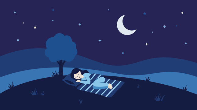 Person sleeping on picnic blanket under moonlight in night landscape