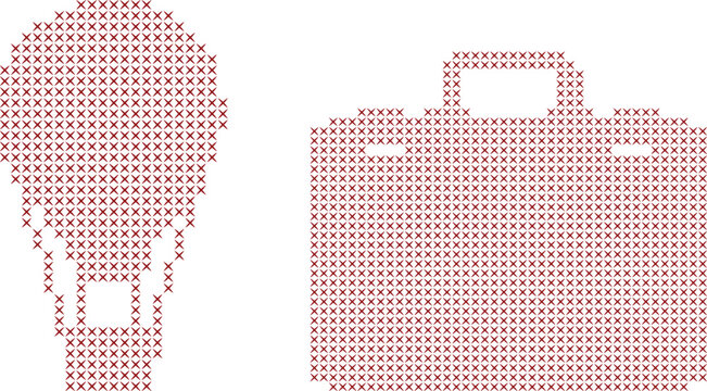Red cross stitch hot air balloon and briefcase isolated
