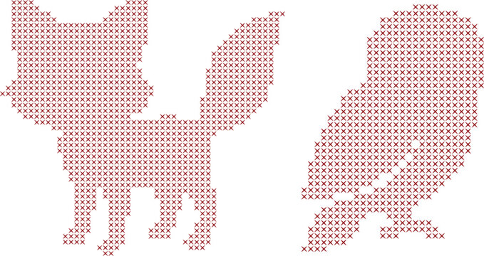 Fox and owl cross stitch pattern isolated on white background