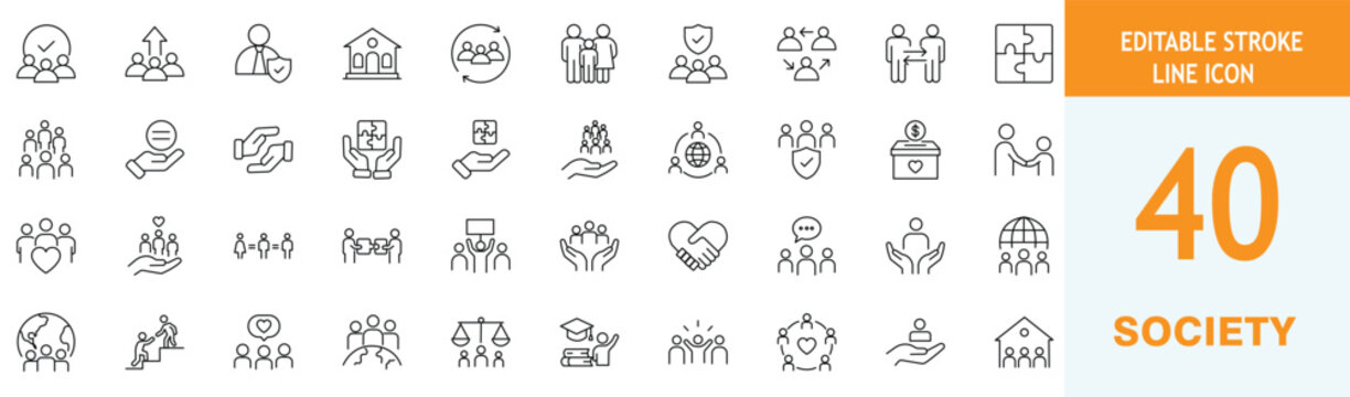Set of 40 society and community line icons, including social group, teamwork, charity, people, human rights, and unity concepts, editable stroke vector illustration