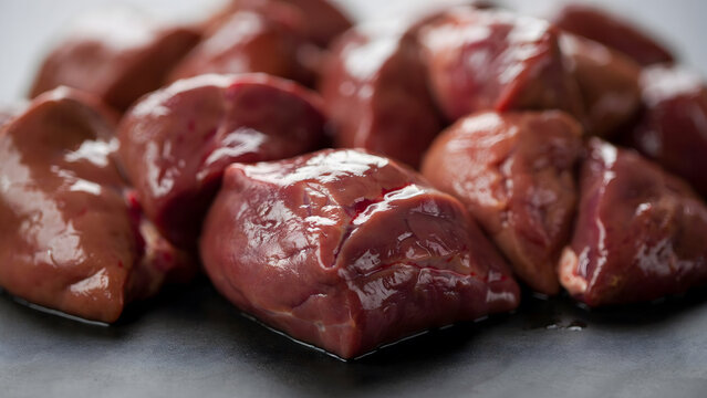 Fresh raw pieces of liver meat arranged on a dark grey surface