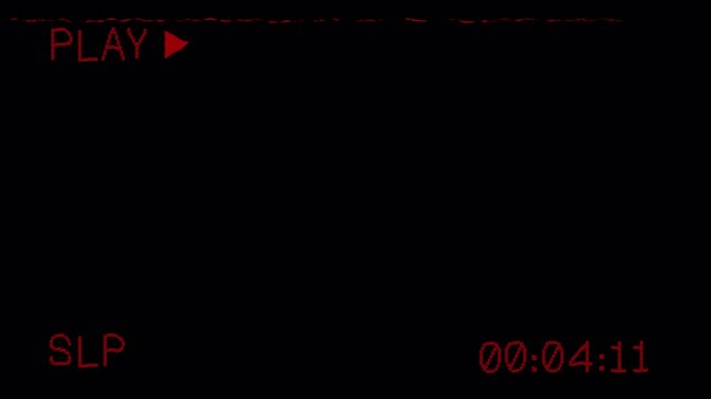 Red vhs tape screen overlay with playback, lines static glitch sp indication and timecode. 4k video