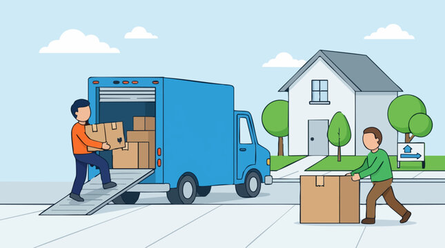 People moving house, loading boxes into a blue moving truck, relocation service