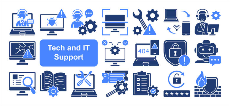 Tech and IT Support icon set, with Self Service, Procurement, De.