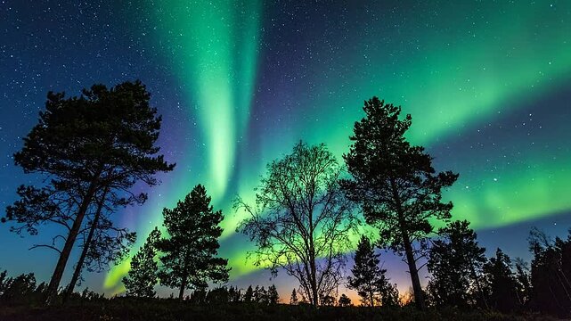 Vibrant green aurora borealis illuminates the night sky above a dark forest silhouette