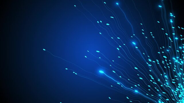 Blue fiber optic abstract background cyan strands rising from the corner, glowing nodes, clean copy space. tech intros, network videos, data promos, communication visuals, futuristic motion loops.