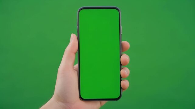Hand holding smartphone with green screen during interactive gesture against green background
