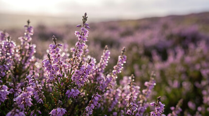 Fototapeta premium Beautiful blooming purple heather flowers in a wild moorland landscape during a soft golden sunset