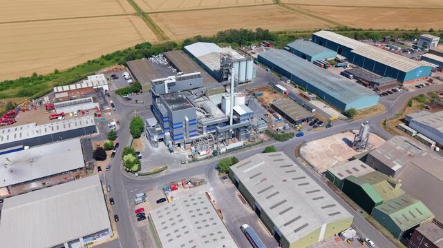Aerial view of biomass energy facility processing waste to electricity at Flixborough Industrial Estate