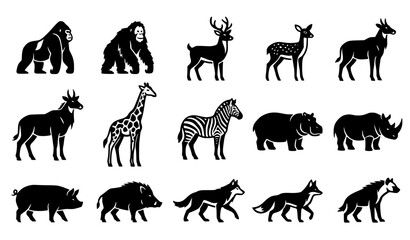 Wild safari mammals primates and forest predators black silhouette vector icon set isolated on white background © Mokbul