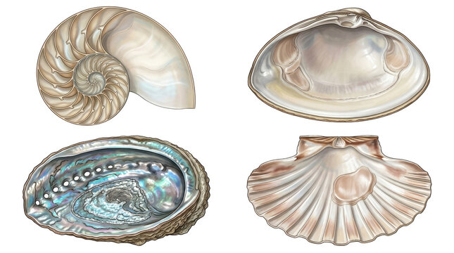 Assorted mollusk shells displaying iridescent nacre and intricate spirals during studio lighting Isolated on transparent background