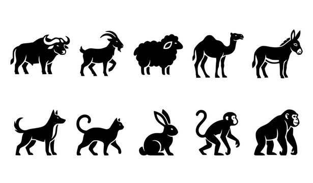 Domestic farm livestock and wild mammal animal black silhouette vector icon set isolated on white background