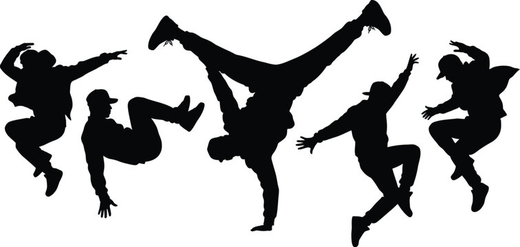 Hip hop street dancers jumping and performing breakdance silhouette set