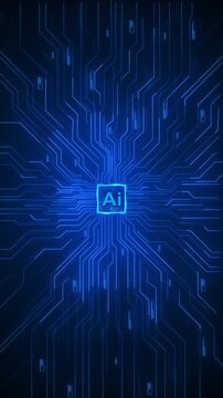 Blue AI micro circuit motion glowing processor, electric pathways, interface marks, deep futuristic artificial intelligence learning explainers, tech titles, cloud platforms, robotics promos, screen