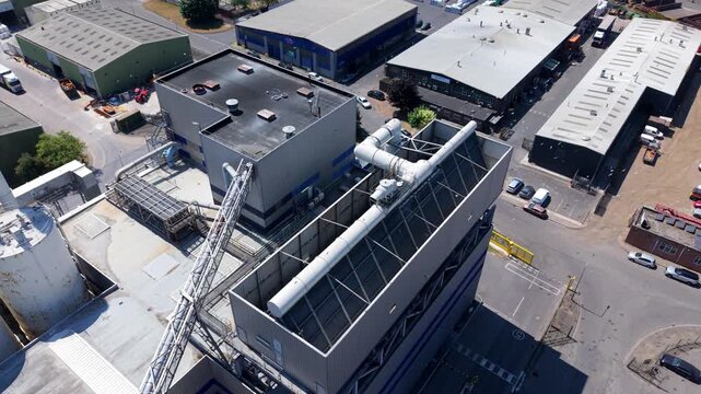 Aerial view of biomass energy facility processing waste to electricity at Flixborough Industrial Estate