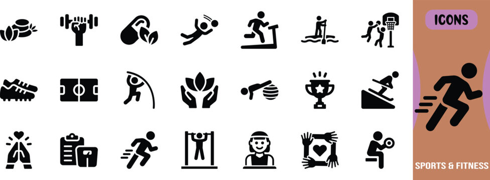 Sports fitness health activity icons. dumbbell icon set, treadmill icon set, soccer field icon set
