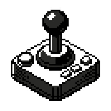 Detailed isometric arcade joystick controller in pixel art.
