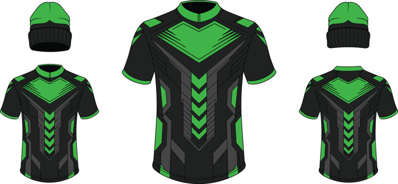 Black and Neon Green Esports Jersey Template Mockup Set Featuring Front and Back View Sports Shirts with Matching Beanie Hats