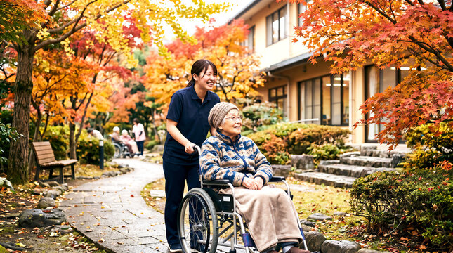 紅葉した庭で車椅子を押す介護士と高齢女性