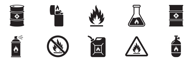 Flammable and fire hazard icon set. Fuel barrel, lighter, flame, chemical flask, aerosol spray, canister and gas cylinder symbols. Vector illustration.