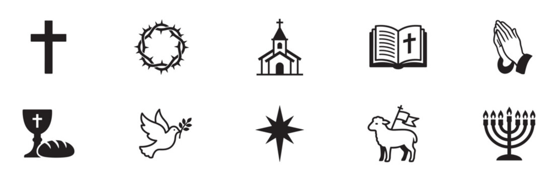 Christian religion icon set. Holy cross, crown of thorns, church, bible, praying hands, chalice, dove, star and menorah symbols. Vector illustration.